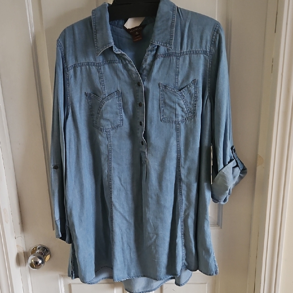 Multiples Blue Button Down Tunic with Notched Collar